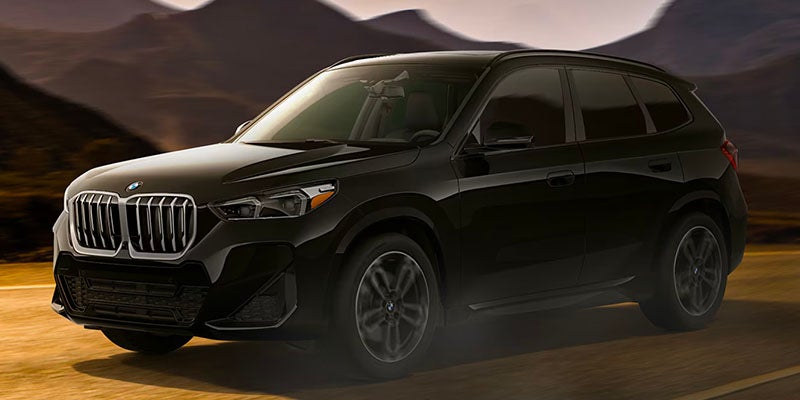 Black BMW SUV driving on a road with mountains in the background, captured from a front-side angle in natural outdoor lighting