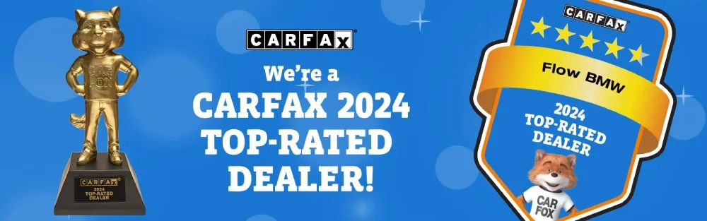 CARFAX 2024 Top-Rated Dealer banner for Flow BMW, showing a golden Carfox trophy and a 5-star award badge.